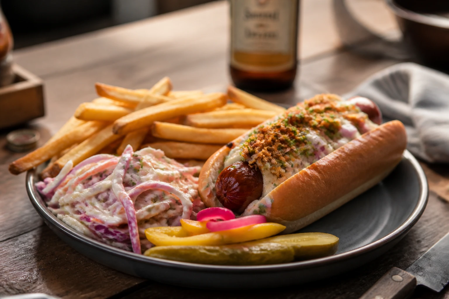 Assiette de hot dog avec frites maison, coleslaw et pickles sur table en bois