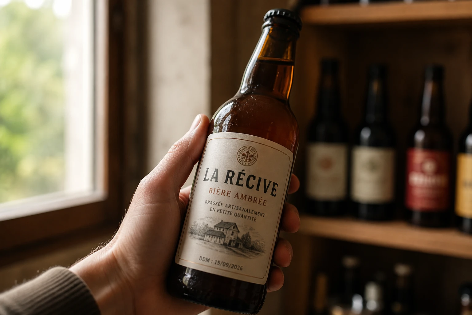 Main tenant une bouteille de bière artisanale devant une fenêtre pour vérifier sa date de durabilité