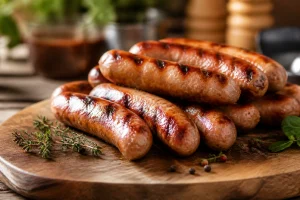 Chipolatas grillées disposées sur une planche en bois avec du thym frais
