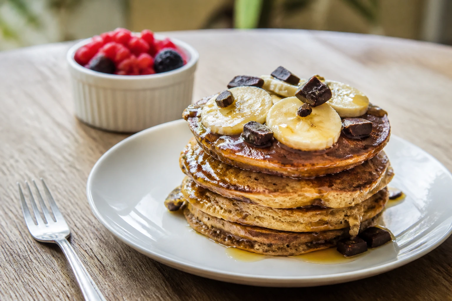 Assiette de crêpes protéinées sans whey garnies de banane et chocolat noir sur table en bois