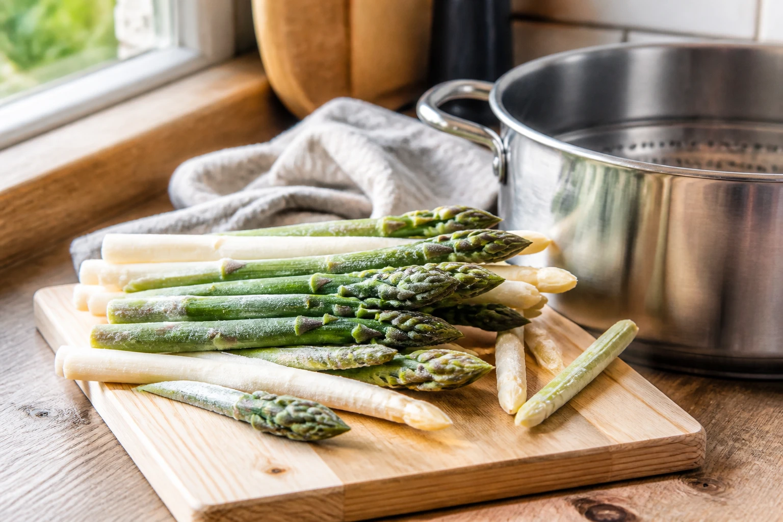Asperges vertes et blanches congelées prêtes à cuire sur une planche en bois avec panier vapeur en arrière-plan
