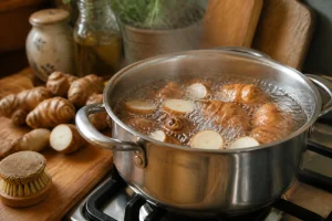 Topinambours en cuisson dans une casserole d'eau bouillante avec vapeur, planche à découper en bois à côté
