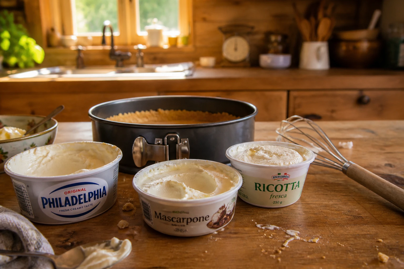 Pots de Philadelphia, mascarpone et ricotta ouverts sur un plan de travail en bois avant préparation d'un cheesecake