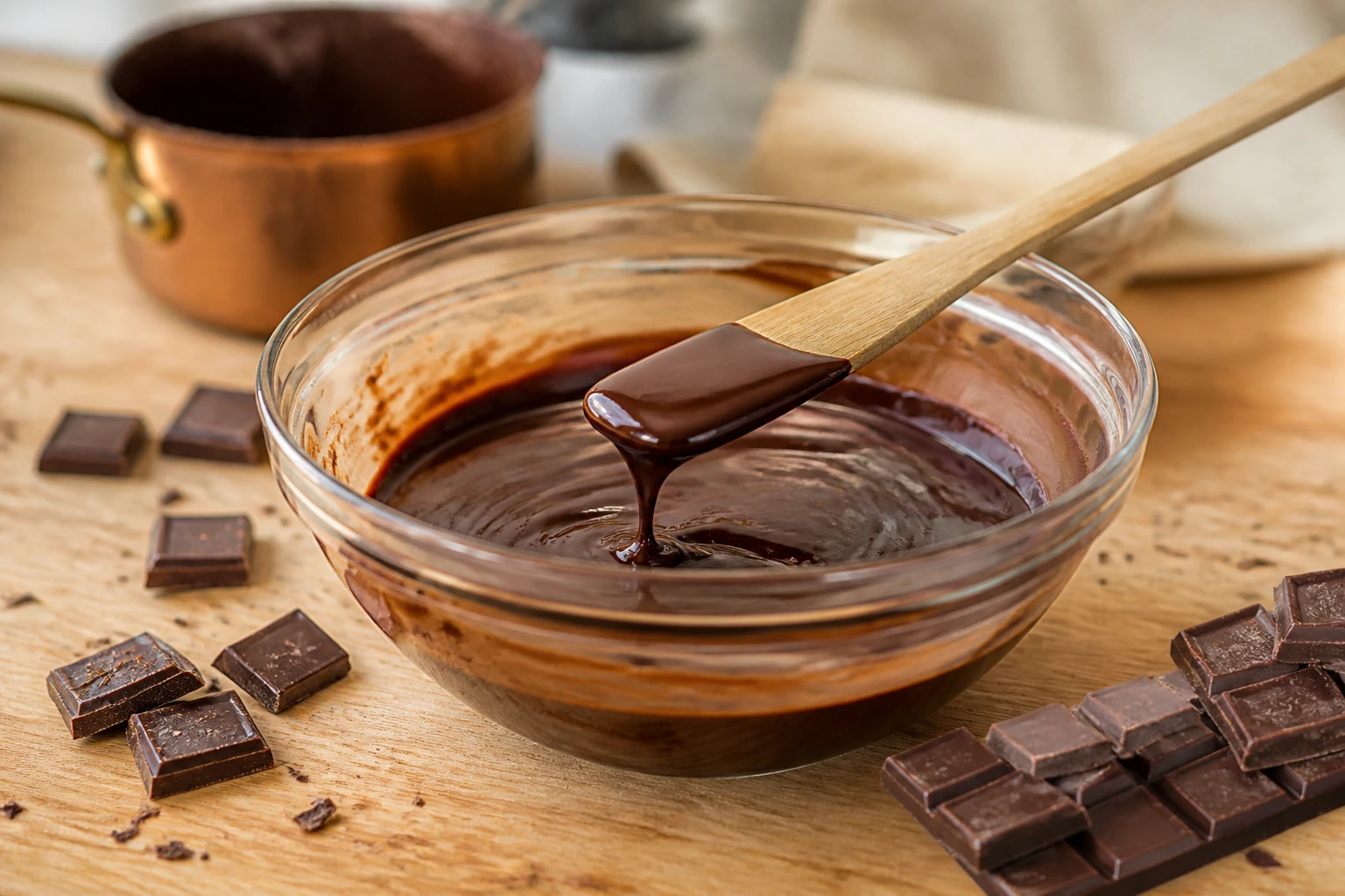 Bol de ganache au chocolat lisse et brillante avec spatule en bois sur plan de travail