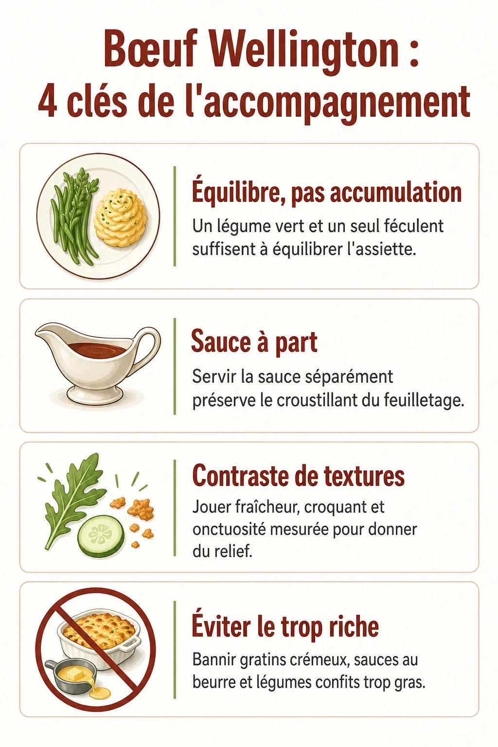 Bœuf Wellington : 4 clés de l'accompagnement : Équilibre, pas accumulation, Sauce à part, Contraste de textures, Éviter le trop riche
