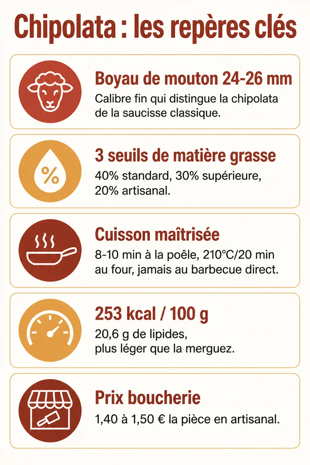 Chipolata : les repères clés : Boyau de mouton 24-26 mm, 3 seuils de matière grasse, Cuisson maîtrisée, 253 kcal / 100 g, Prix boucherie