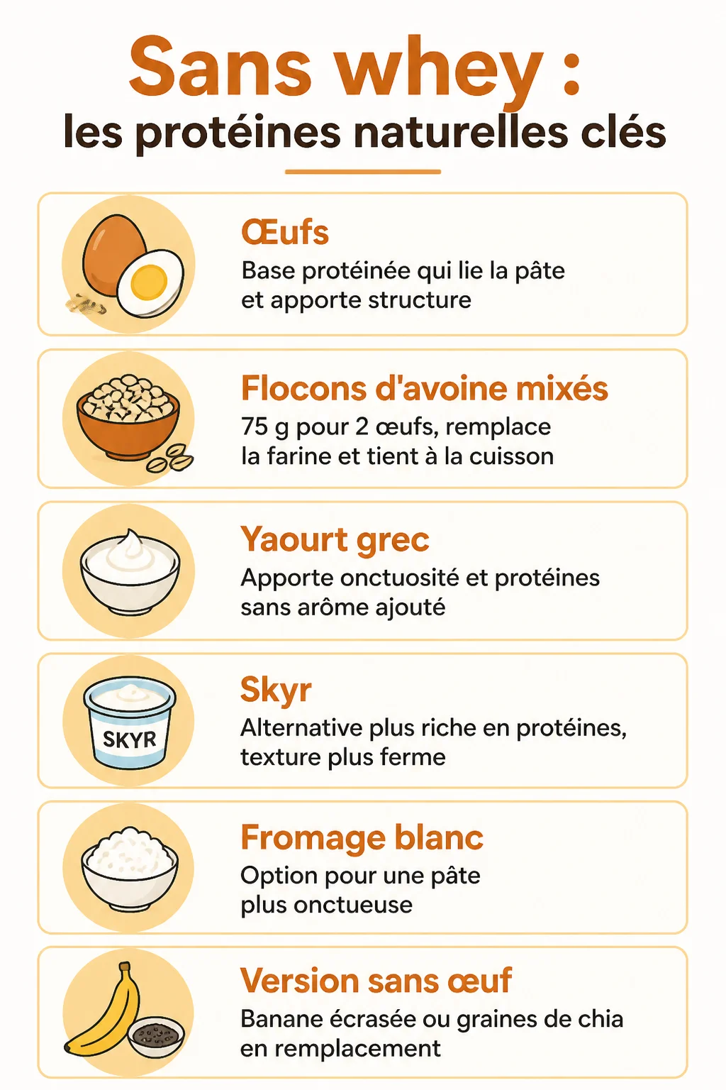 Sans whey : les protéines naturelles clés : Œufs, Flocons d'avoine mixés, Yaourt grec, Skyr, Fromage blanc, Version sans œuf