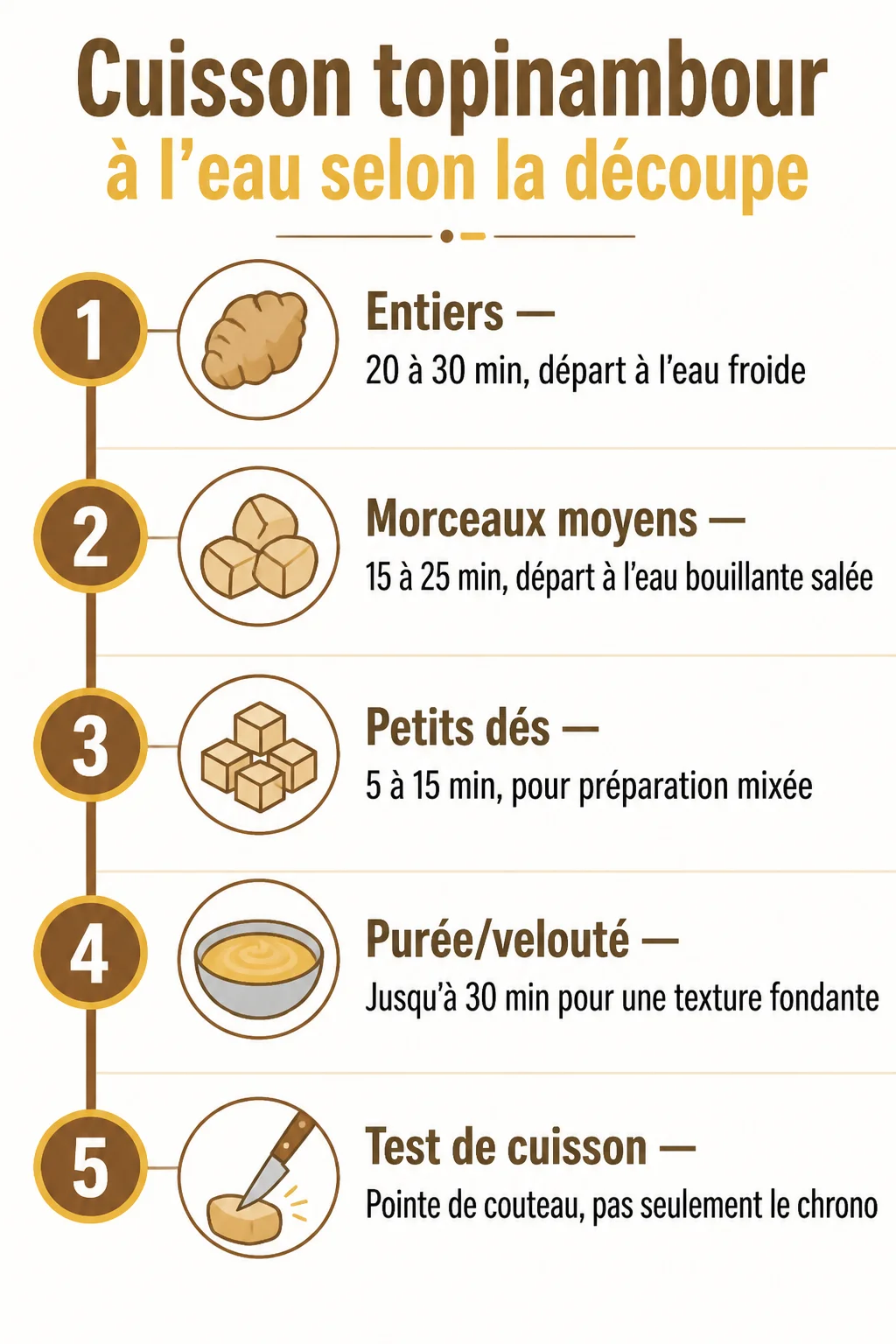 Cuisson topinambour à l'eau selon la découpe : 1. Entiers, 2. Morceaux moyens, 3. Petits dés, 4. Purée/velouté, 5. Test de cuisson