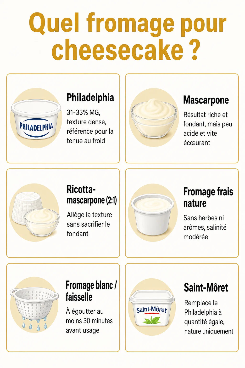 Quel fromage pour cheesecake ? : Philadelphia, Mascarpone, Ricotta-mascarpone (2:1), Fromage frais nature, Fromage blanc / faisselle, Saint-Môret