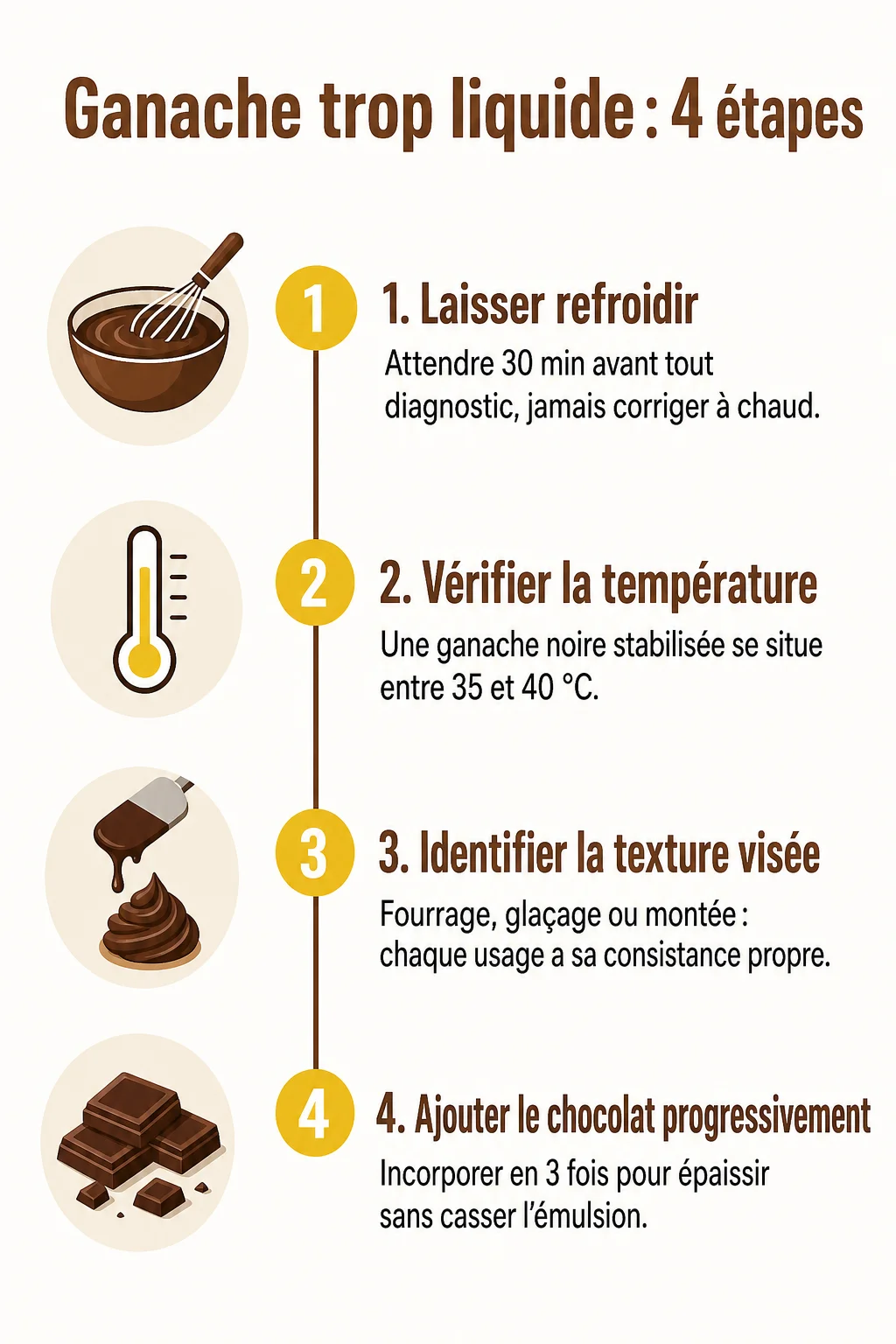 Ganache trop liquide : 4 étapes : 1. Laisser refroidir, 2. Vérifier la température, 3. Identifier la texture visée, 4. Ajouter le chocolat progressivement