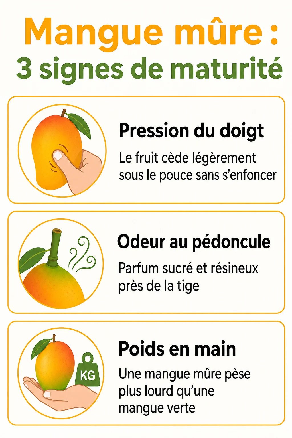 Mangue mûre : 3 signes de maturité : Pression du doigt, Odeur au pédoncule, Poids en main
