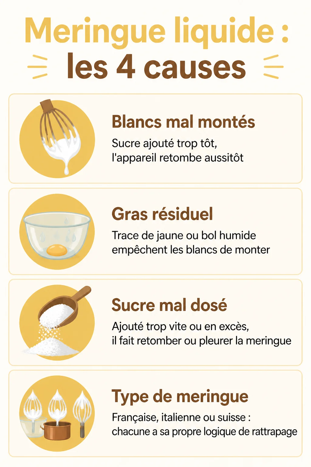 Meringue liquide : les 4 causes : Blancs mal montés, Gras résiduel, Sucre mal dosé, Type de meringue