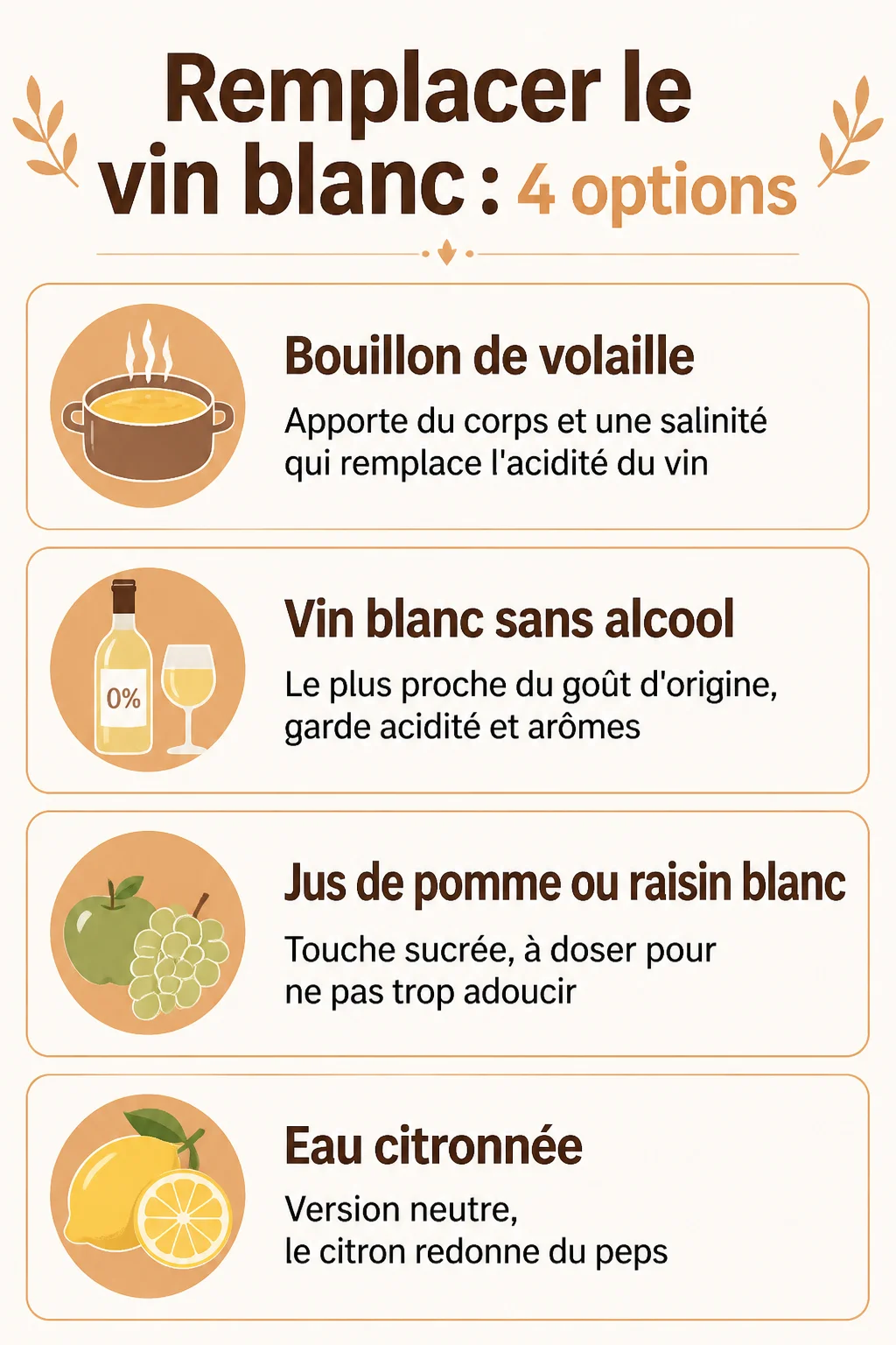 Remplacer le vin blanc : 4 options : Bouillon de volaille, Vin blanc sans alcool, Jus de pomme ou raisin blanc, Eau citronnée