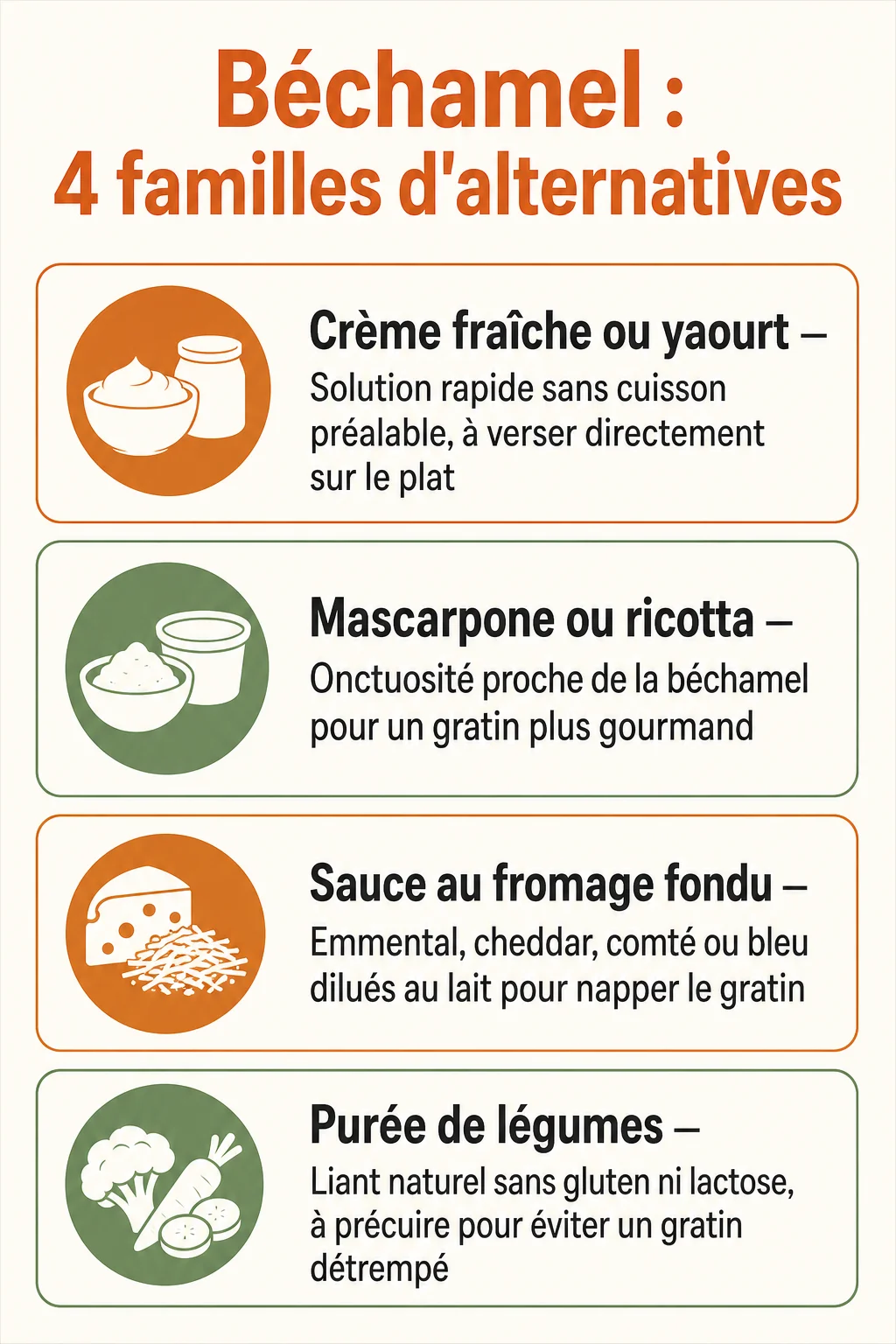 Béchamel : 4 familles d'alternatives : Crème fraîche ou yaourt, Mascarpone ou ricotta, Sauce au fromage fondu, Purée de légumes