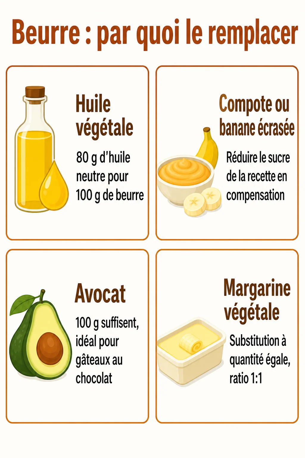 Beurre : par quoi le remplacer : Huile végétale, Compote ou banane écrasée, Avocat, Margarine végétale