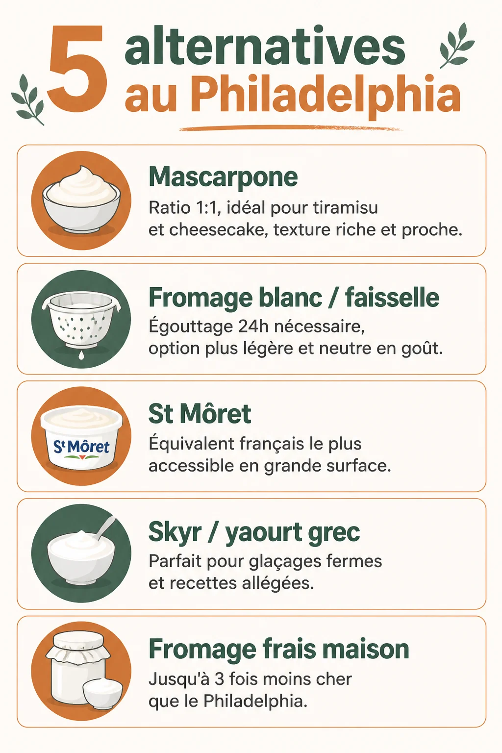 5 alternatives au Philadelphia : Mascarpone, Fromage blanc / faisselle, St Môret, Skyr / yaourt grec, Fromage frais maison