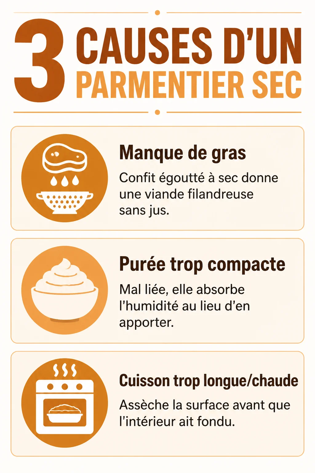 3 causes d'un parmentier sec : Manque de gras, Purée trop compacte, Cuisson trop longue/chaude