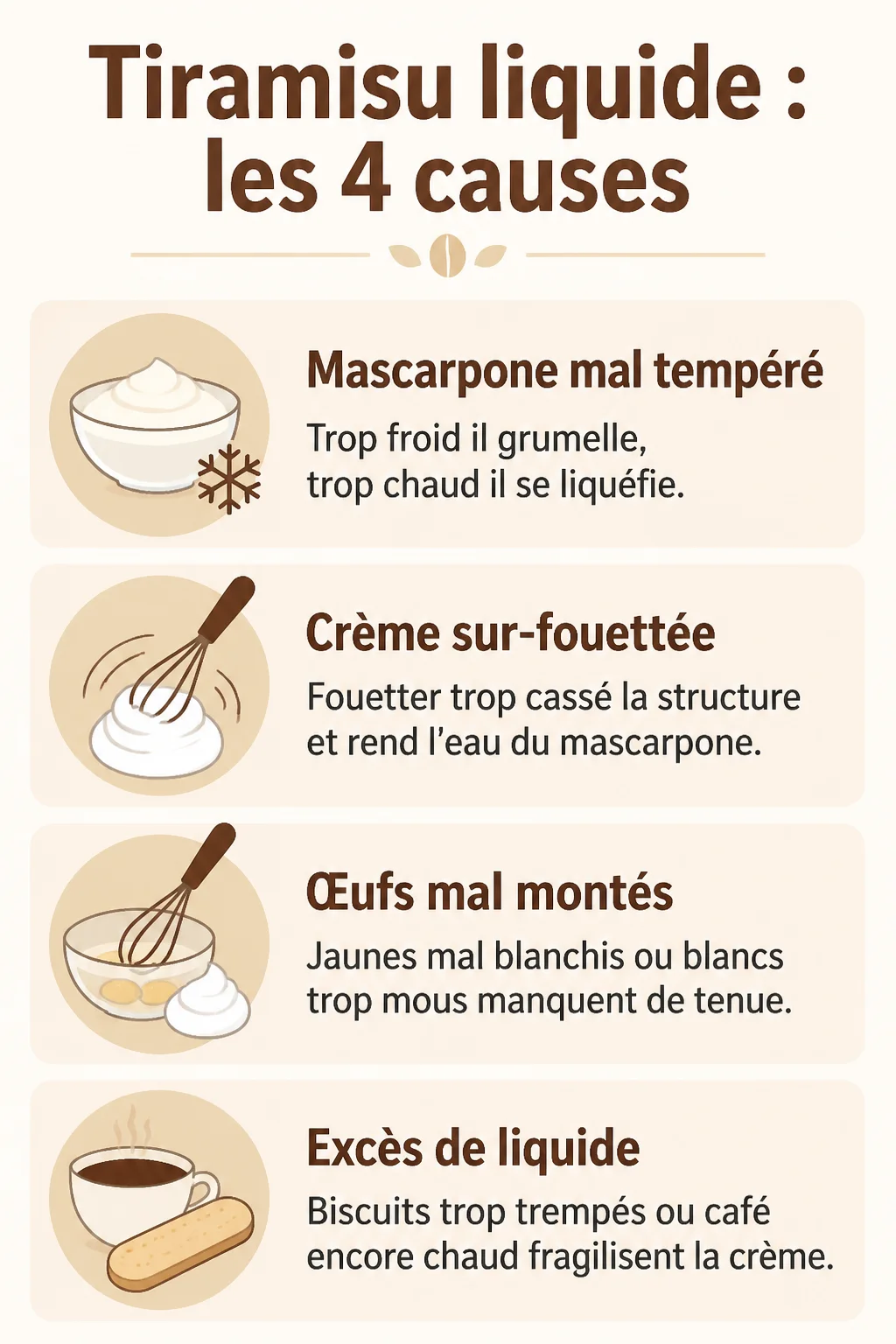 Tiramisu liquide : les 4 causes : Mascarpone mal tempéré, Crème sur-fouettée, Œufs mal montés, Excès de liquide