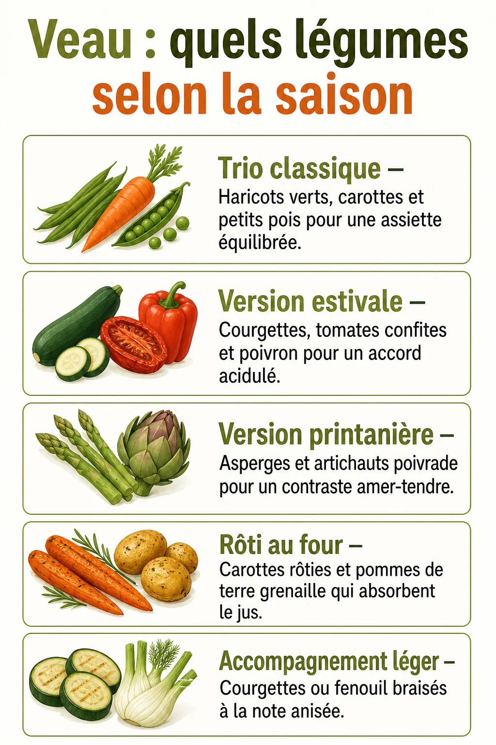 Veau : quels légumes selon la saison : Trio classique, Version estivale, Version printanière, Rôti au four, Accompagnement léger
