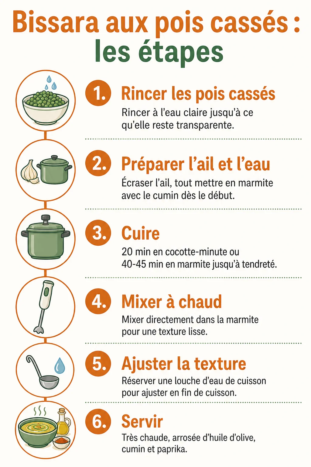Bissara aux pois cassés : les étapes : 1. Rincer les pois cassés, 2. Préparer l'ail et l'eau, 3. Cuire, 4. Mixer à chaud, 5. Ajuster la texture, 6. Servir