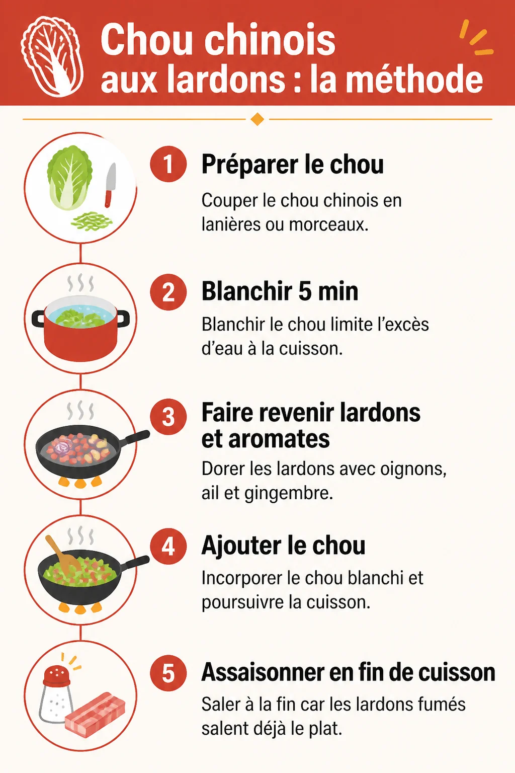 Chou chinois aux lardons : la méthode : 1. Préparer le chou, 2. Blanchir 5 min, 3. Faire revenir lardons et aromates, 4. Ajouter le chou, 5. Assaisonner en fin de cuisson