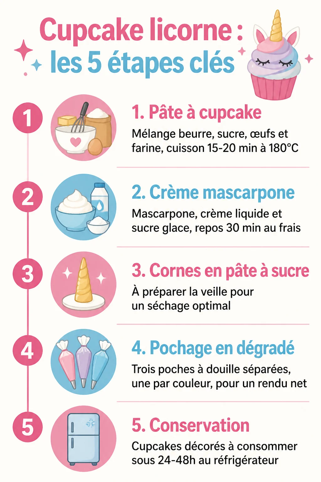 Cupcake licorne : les 5 étapes clés : 1. Pâte à cupcake, 2. Crème mascarpone, 3. Cornes en pâte à sucre, 4. Pochage en dégradé, 5. Conservation