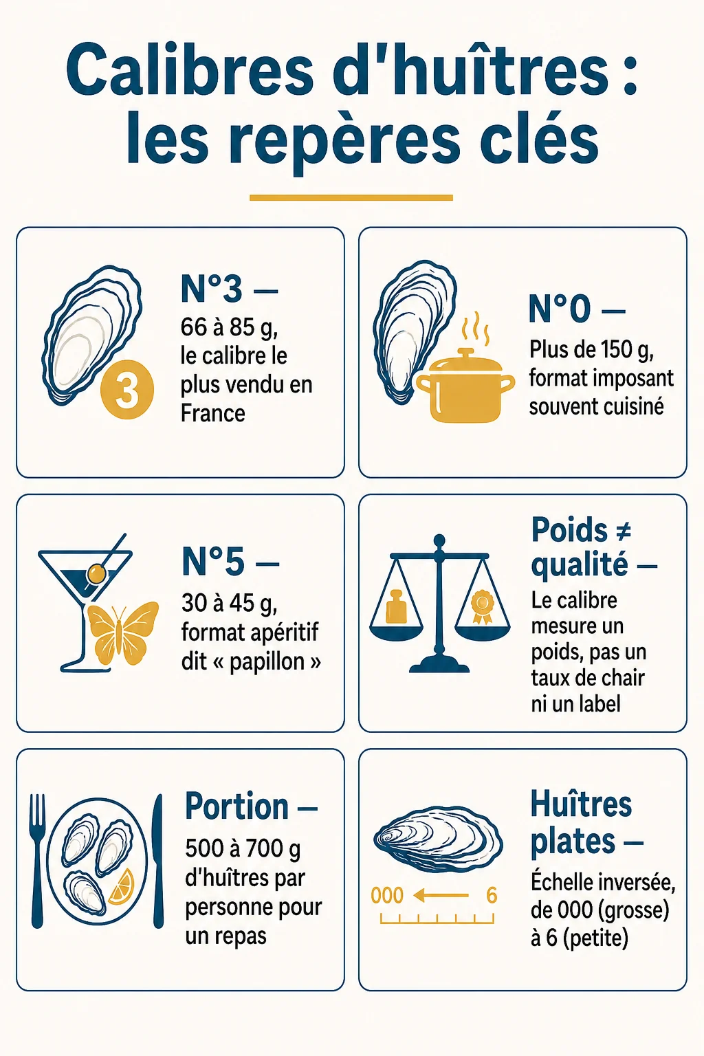 Calibres d'huîtres : les repères clés : N°3, N°0, N°5, Poids ≠ qualité, Portion, Huîtres plates