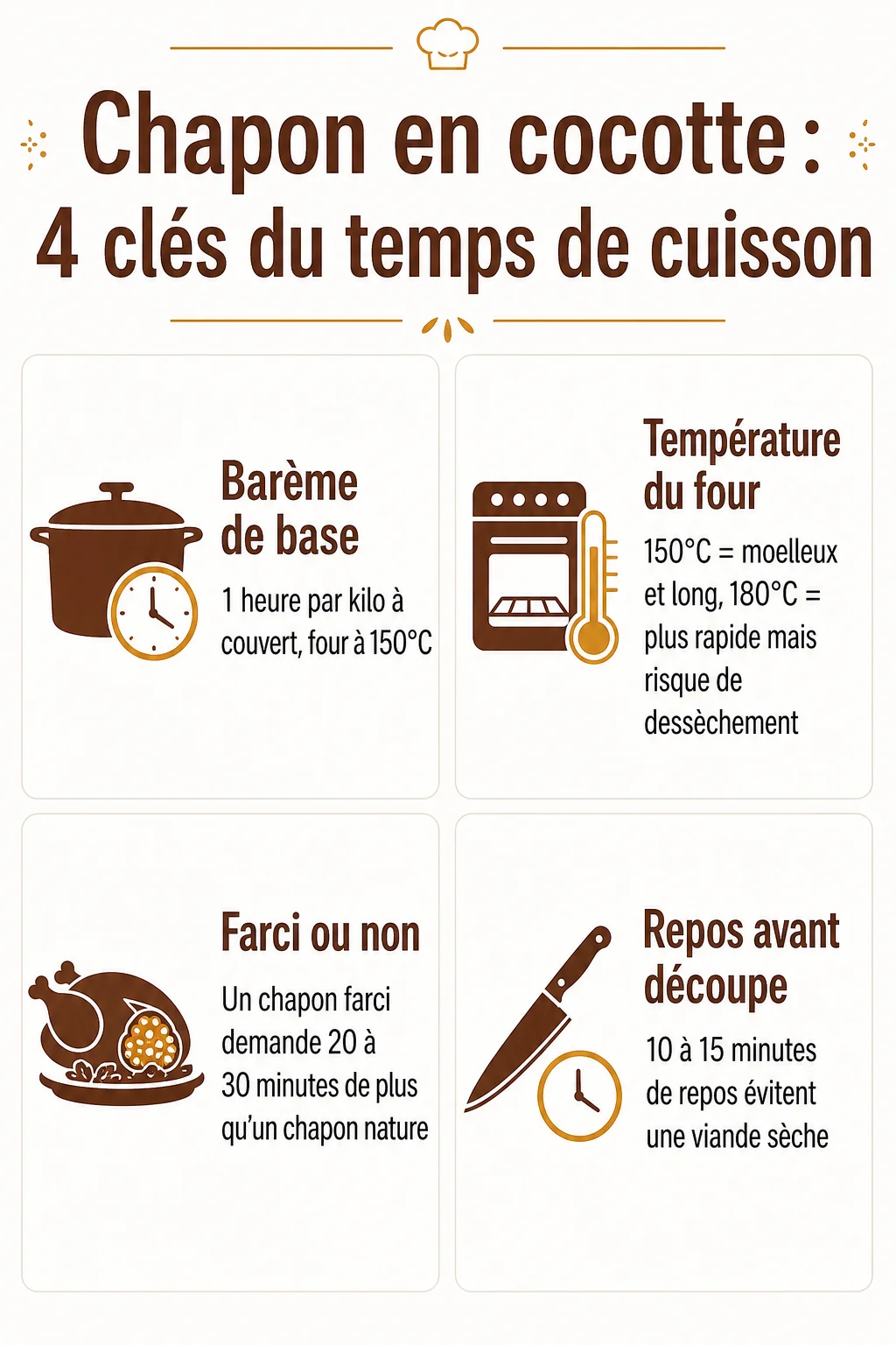 Chapon en cocotte : 4 clés du temps de cuisson : Barème de base, Température du four, Farci ou non, Repos avant découpe