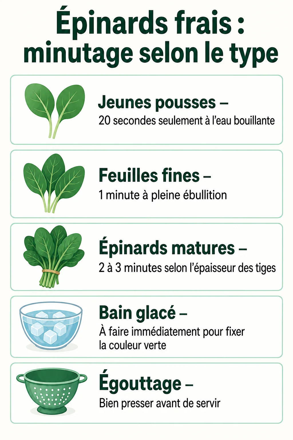 Épinards frais : minutage selon le type : Jeunes pousses, Feuilles fines, Épinards matures, Bain glacé, Égouttage