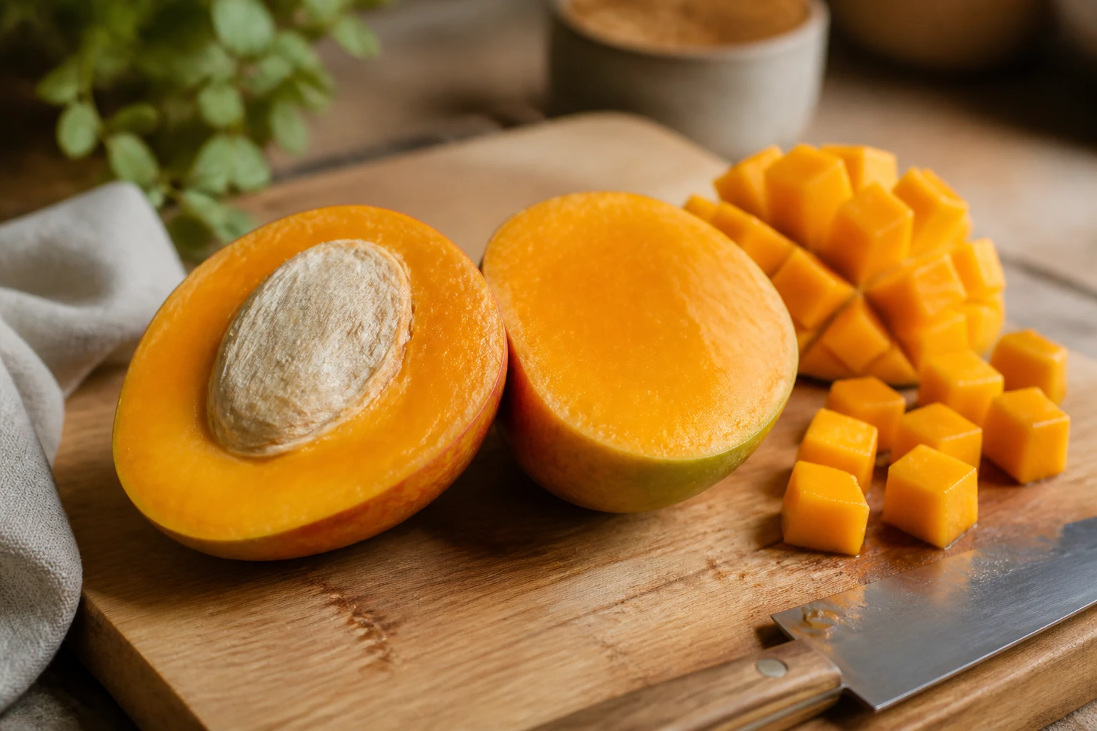 Mangue mûre coupée en deux avec sa chair orange juteuse sur une planche en bois