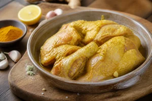 Marinade curry au yaourt avec morceaux de poulet cru dans un plat en céramique entouré d'épices