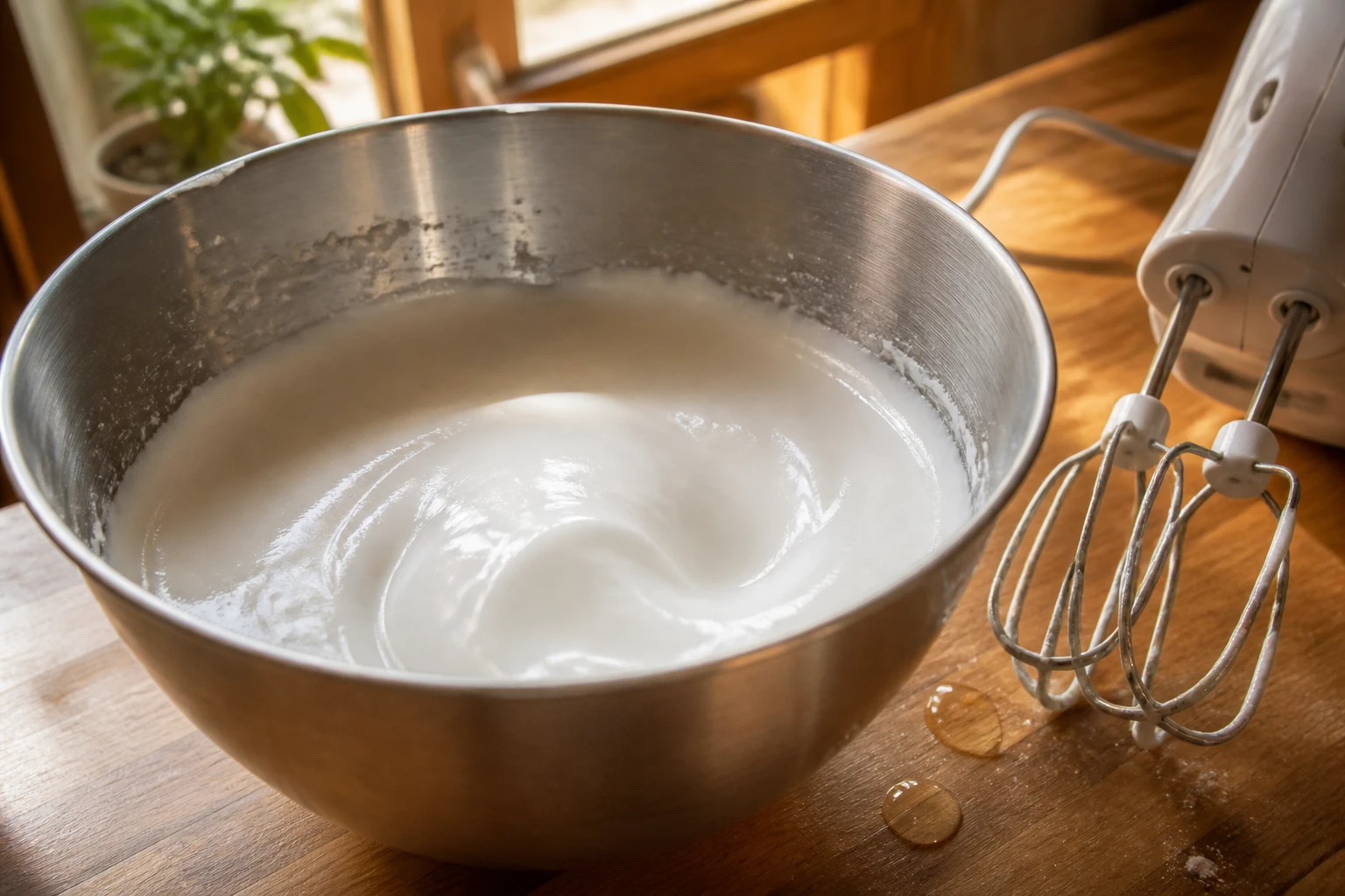 Bol de meringue trop liquide avec fouet électrique dans une cuisine lumineuse