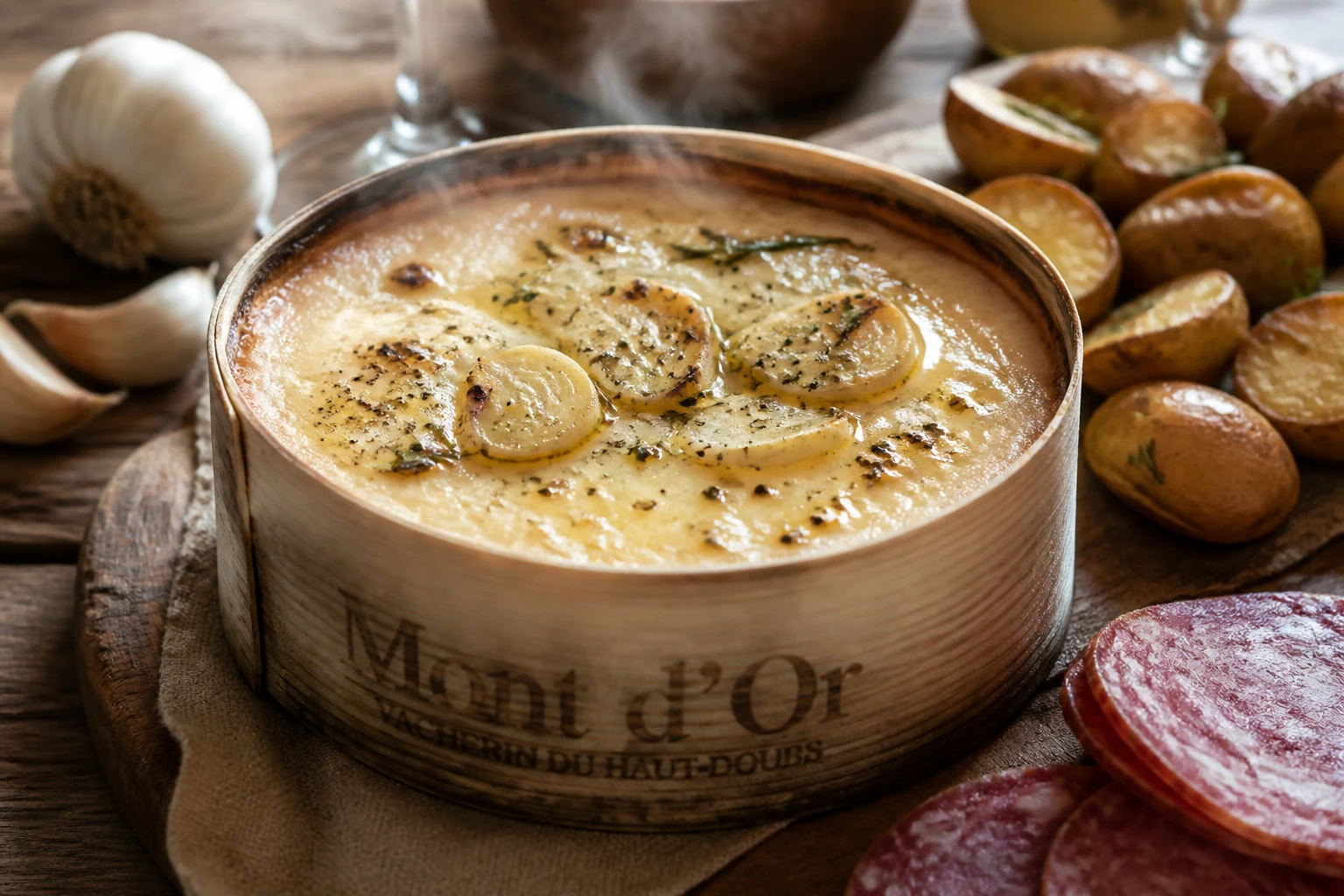 Mont d'Or fondu au four dans sa boîte en bois, préparé sans vin avec ail et herbes