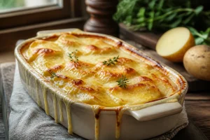 Gratin doré au four avec sauce crémeuse en alternative à la béchamel, servi dans un plat en céramique