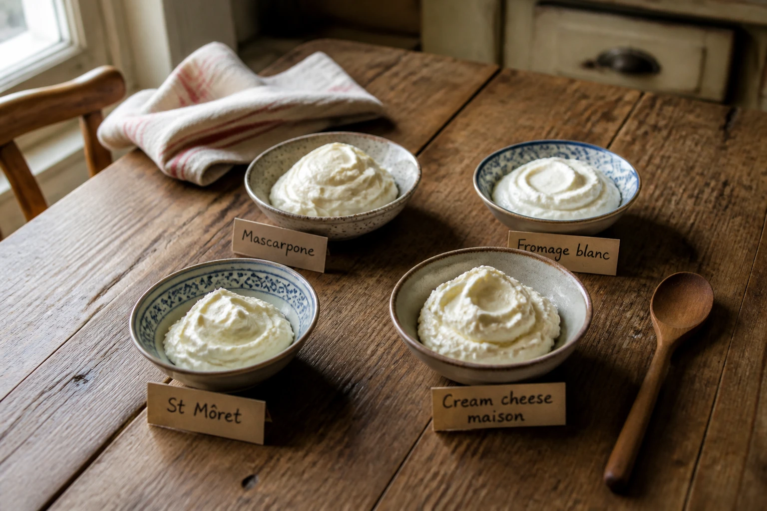 Bols de fromages frais alternatifs au Philadelphia sur une table en bois