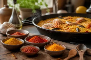 Bols d'épices colorées, curcuma, paprika et carthame, alternatives au safran autour d'une paella
