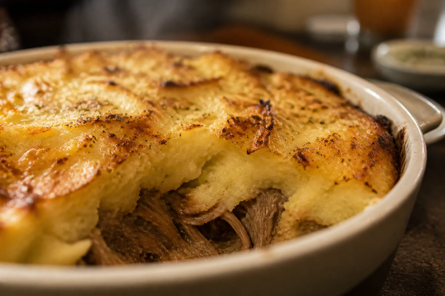 Parmentier de canard confit moelleux et doré sorti du four dans un plat à gratin