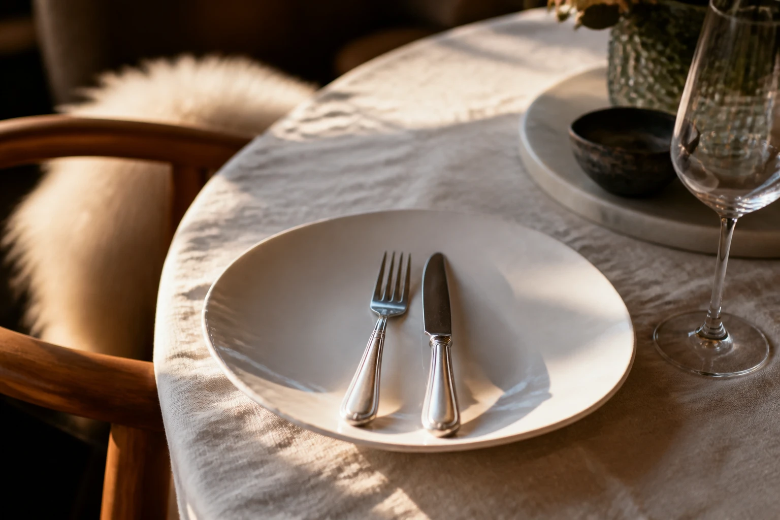 Couteau et fourchette placés parallèlement dans une assiette pour signaler la fin du repas