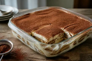 Tiramisu liquide dans un plat en verre avec une part découpée montrant la texture molle