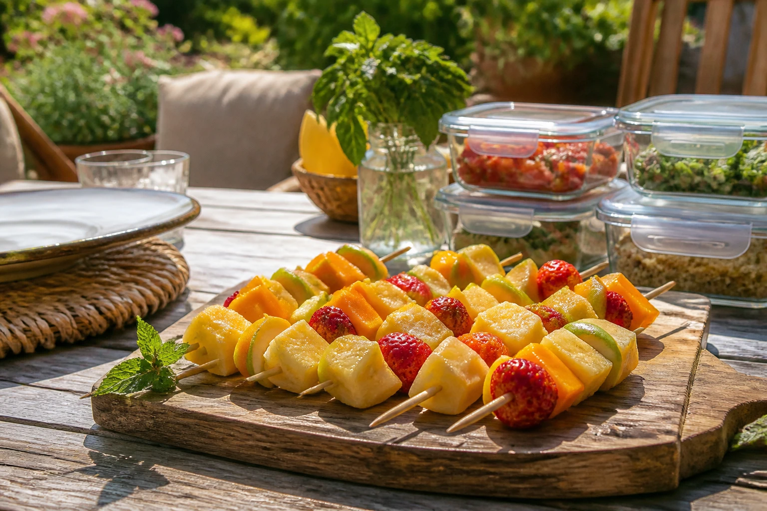 Plateau de brochettes de fruits frais préparées à l'avance, disposées sur une table de jardin en été