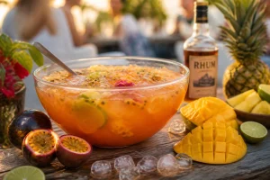 Saladier de punch pour 50 personnes entouré de fruits tropicaux et de citrons verts