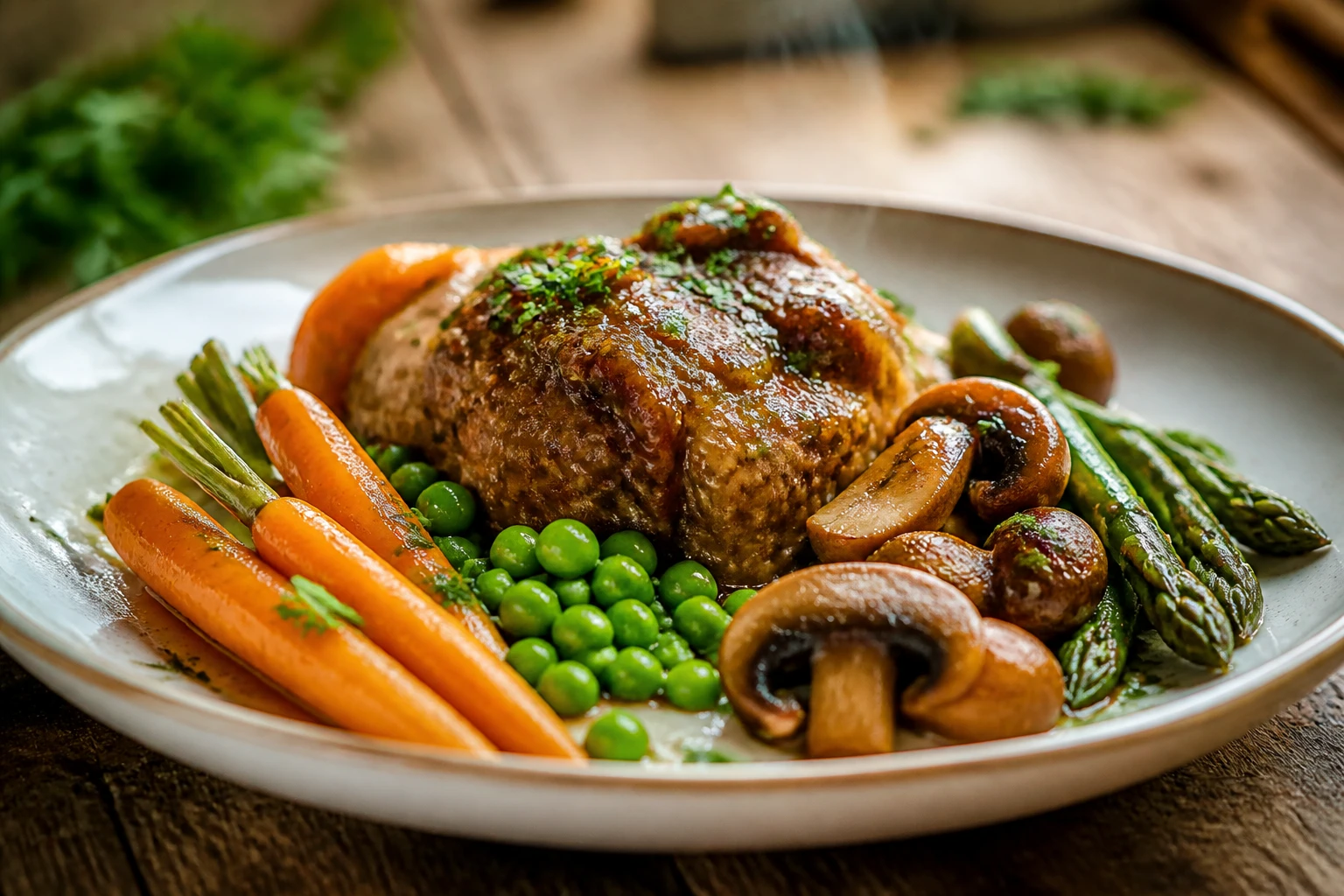 Assiette de veau mijoté accompagnée de carottes, petits pois, asperges et champignons sur table en bois