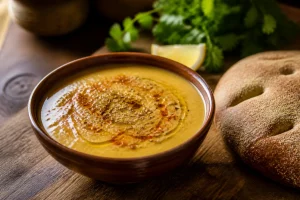 Bol de bissara marocaine crémeuse garnie d'huile d'olive et de cumin, servie avec du pain marocain