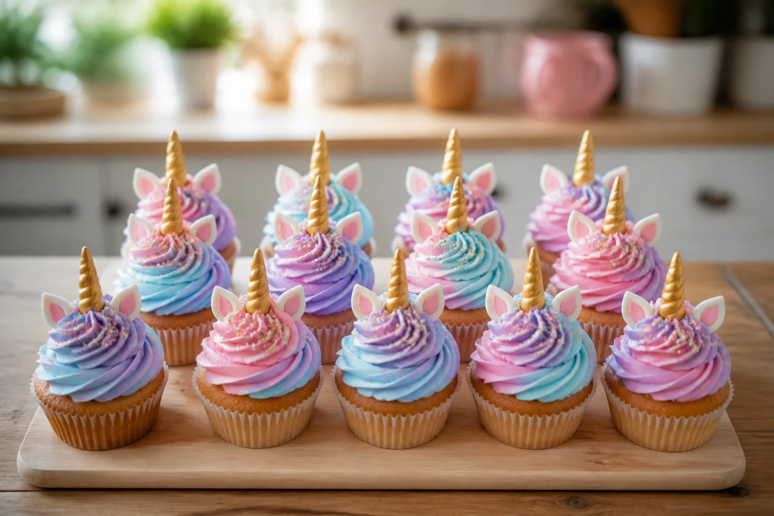 Cupcakes licorne avec crème en dégradé rose et bleu, cornes dorées et oreilles en pâte à sucre sur plateau en bois