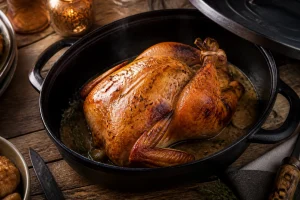 Chapon doré cuit dans une cocotte en fonte ouverte, jus de cuisson au fond, ambiance repas de fête