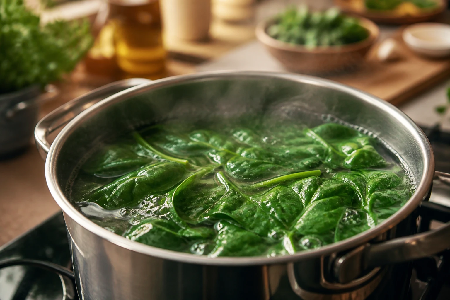 Épinards frais plongés dans une casserole d'eau bouillante pendant la cuisson
