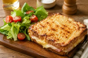 Croque-monsieur gratiné servi avec une salade verte fraîche en accompagnement