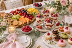 Table d'apéro dinatoire avec verrines de tiramisu, planche sucrée et mini-gâteaux à picorer