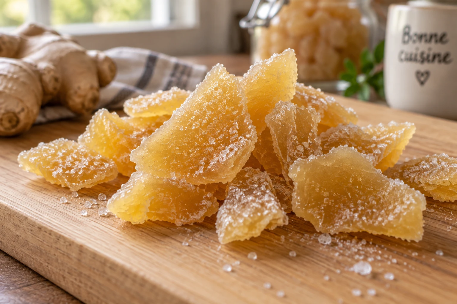 Morceaux de gingembre confit translucides sur planche en bois avec sucre cristallisé visible