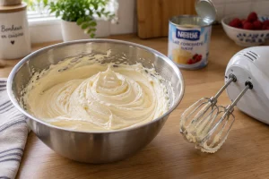 Bol de crème au beurre russe lisse préparée avec du beurre pommade et du lait concentré sucré